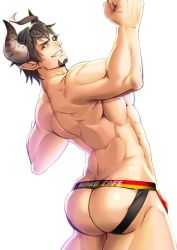 Rule 34 | 1boy, ass, bara, barawa, brown eyes, brown hair, bulge, draph, facial hair, flexing, goatee, granblue fantasy, horns, jockstrap, large pectorals, leaning back, male focus, male underwear, manly, muscular, pectorals, pointy ears, short hair, sideburns, smirk, solo, thick thighs, thighs, underwear, waku (ayamix), white background