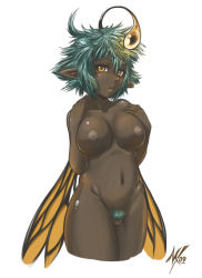 Rule 34 | 1girl, antennae, breasts, butterfly wings, colored pubic hair, dark-skinned female, dark skin, female pubic hair, green hair, hushabye, insect wings, large breasts, looking at viewer, navel, nipples, nude, original, pointy ears, pubic hair, pussy, short hair, simple background, solo, uncensored, white background, wings, yellow eyes