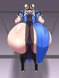 Rule 34 | 1girl, animal penis, anus, anus peek, ass, back, blue dress, bracelet, brown hair, bun cover, cameltoe, capcom, china dress, chinese clothes, chun-li, cleft of venus, double bun, dress, earrings, from behind, hair bun, highres, horse penis, huge ass, jewelry, ml, pelvic curtain, penis, penis shadow, sash, side slit, solo, spiked bracelet, spikes, standing, street fighter, thighhighs, thighs, thong