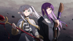 2girls absurdres belt belt_buckle black_belt black_robe blunt_bangs buckle closed_mouth commentary_request dress earrings elf fern_(sousou_no_frieren) frieren green_eyes highres holding holding_staff jewelry long_hair long_sleeves multiple_girls nyanko960121 pointy_ears purple_hair robe sousou_no_frieren staff thick_eyebrows twintails upper_body white_dress white_hair