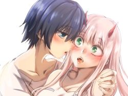 Rule 34 | 10s, 1boy, 1girl, black hair, blue eyes, blush, breasts, cleavage, collarbone, commentary request, couple, darling in the franxx, fangs, fringe trim, green eyes, hand on another&#039;s shoulder, herozu (xxhrd), hetero, hiro (darling in the franxx), horns, long hair, looking at another, nightgown, oni horns, open mouth, pajamas, pink hair, red horns, short hair, white nightgown, white pajamas, zero two (darling in the franxx)