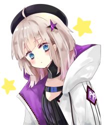 Rule 34 | 1girl, aa-12 (girls&#039; frontline), ahoge, beret, black hat, black shirt, blue eyes, blush, brown hair, buckle, commentary, girls&#039; frontline, hair ornament, hat, highres, hood, hood down, hooded jacket, jacket, looking at viewer, open clothes, open jacket, parted lips, shirt, simple background, snap-fit buckle, solo, star (symbol), striped clothes, striped shirt, tsukiyo (skymint), upper body, vertical-striped clothes, vertical-striped shirt, white background, white jacket