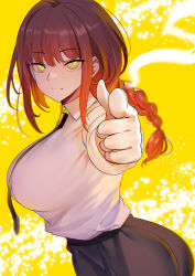 1girl absurdres black_necktie black_pants braid braided_ponytail breasts business_suit chainsaw_man collared_shirt finger_gun foreshortening formal high-waist_pants highres index_finger_raised large_breasts long_hair long_sleeves looking_at_viewer makima_(chainsaw_man) necktie outstretched_arm pants pointing pointing_at_viewer red_hair ringed_eyes shirt shirt_tucked_in sidelocks smile solo suit teddy_(khanshin) white_shirt yellow_eyes