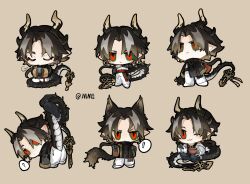 Rule 34 | 1boy, ?, absurdres, animal ears, animal hands, arknights, artist name, brown background, brown hair, cat boy, cat ears, cat tail, chibi, chinese commentary, chong yue (arknights), closed eyes, commentary request, cup, disembodied hand, dragon boy, dragon horns, dragon tail, earrings, food, full body, green eyes, grey hair, hand up, highres, holding, holding cup, horns, jewelry, kemonomimi mode, lifting person, long hair, long tail, looking at viewer, looking back, low ponytail, male focus, multicolored eyes, multicolored hair, multiple views, nine5895254196, noodles, on one knee, parted lips, pointy ears, puff of air, red eyes, seiza, simple background, sitting, sleeveless, slit pupils, spoken question mark, streaked hair, tail, tail raised, teacup, twitter username, winking (animated)