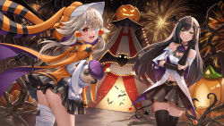 Rule 34 | 2girls, aerial fireworks, alternate costume, bare shoulders, bat (animal), black hair, blonde hair, breasts, earrings, elbow gloves, eyepatch, fake tail, fireworks, frills, gloves, green eyes, hair ornament, halloween, highres, holding, holding stuffed toy, hood, hooded jacket, jacket, jewelry, lin (tower of fantasy), long hair, looking at viewer, lunacle, medium breasts, miniskirt, multiple girls, navel, night, open mouth, outdoors, red eyes, ruby (tower of fantasy), skirt, smile, stuffed toy, tail, thighhighs, tower of fantasy, underwear