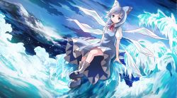 Rule 34 | 1girl, blue dress, blue eyes, blue hair, bow, cirno, cloud, dress, hair bow, highres, ice, ice wings, looking at viewer, matching hair/eyes, mountain, puffy sleeves, risutaru, shirt, short sleeves, sitting, sky, smile, solo, sunset, touhou, wings