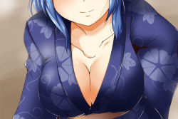 Rule 34 | 10s, 1girl, blue hair, breasts, cleavage, close-up, commentary request, downblouse, female focus, floral print, japanese clothes, kantai collection, kimono, large breasts, nishi koutarou, smile, solo, upper body, urakaze (kancolle), yukata