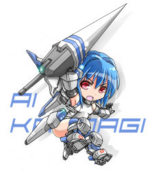 Rule 34 | 1girl, blue hair, blue thighhighs, bob cut, character name, chibi, densou tenshi valforce, elbow gloves, flat chest, gloves, hair intakes, hair ornament, huge weapon, kannagi ai, karukan (monjya), lance, mecha musume, mechanical arms, one-piece swimsuit, polearm, red eyes, short hair, single mechanical arm, solo, swimsuit, thighhighs, thrusters, weapon, white one-piece swimsuit