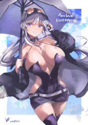 Rule 34 | 1girl, absurdres, azur lane, belt, blue eyes, breasts, character name, coat, dated, dress, enterprise (azur lane), enterprise (wind catcher) (azur lane), eyewear on headwear, fingerless gloves, gloves, hair through headwear, halter dress, halterneck, highres, holding, holding umbrella, huge breasts, iparupua, long hair, official alternate costume, open clothes, open coat, orange-tinted eyewear, partially unzipped, purple coat, purple thighhighs, race queen, single fingerless glove, solo, thighhighs, tinted eyewear, umbrella, very long hair, white belt