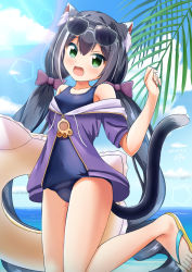Rule 34 | 1girl, animal ear fluff, animal ears, black hair, blue one-piece swimsuit, blue sky, cat ears, cat tail, cloud, commentary request, day, eyewear on head, green eyes, horizon, inakami, innertube, jacket, karyl (princess connect!), lens flare, looking at viewer, low twintails, ocean, old school swimsuit, one-piece swimsuit, outdoors, princess connect!, purple jacket, school swimsuit, sky, solo, sunglasses, sunglasses on head, swim ring, swimsuit, tail, twintails