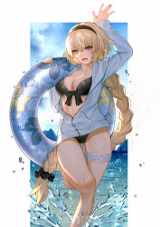 Rule 34 | 1girl, :d, absurdres, arm up, artist name, bikini, black bikini, black scrunchie, blonde hair, blue eyes, blue jacket, blue sky, blush, bow, bow bikini, braid, breasts, cleavage, cloud, cloudy sky, collarbone, commentary request, day, fate/grand order, fate (series), fingernails, floral print, hair between eyes, hair ornament, hair scrunchie, hand up, highres, innertube, jacket, jeanne d&#039;arc (fate), jeanne d&#039;arc (ruler) (fate), jeanne d&#039;arc (swimsuit archer) (fate), jeanne d&#039;arc (swimsuit archer) (first ascension) (fate), koi han, long hair, long sleeves, looking at viewer, medium breasts, navel, open clothes, open jacket, open mouth, scrunchie, sidelocks, single braid, sky, smile, solo, splashing, standing, standing on one leg, swim ring, swimsuit, very long hair, water, water drop