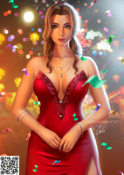 Rule 34 | 1girl, aerith gainsborough, bracelet, breasts, brown hair, carlos vasseur, cleavage, confetti, dress, final fantasy, final fantasy vii, final fantasy vii remake, green eyes, highres, jewelry, looking at viewer, medium breasts, nail polish, necklace, official alternate costume, red dress, ring, sidelocks, sleeveless, sleeveless dress, solo, square enix, wall market, wavy hair