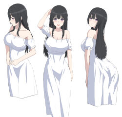 Rule 34 | 1girl, absurdres, arm up, bang dream!, bare shoulders, black hair, breasts, cleavage, closed mouth, collarbone, commentary, dress, grey background, highres, large breasts, long hair, looking at viewer, multiple views, off-shoulder dress, off shoulder, open mouth, ptal, purple eyes, shirokane rinko, short sleeves, simple background, teeth, upper teeth only, white dress
