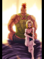 Rule 34 | 1boy, 1girl, android 16, android 18, back-to-back, bandages, bandaid, barefoot, bed, blonde hair, blue eyes, breasts, camisole, cleavage, dragon ball, dragonball z, earrings, highres, indoors, jewelry, looking back, manly, mohawk, muscular, off shoulder, pillarboxed, short hair, sitting, size difference, spiked hair, strap slip, zinpati
