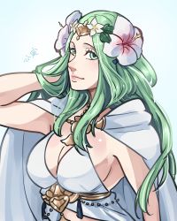 Rule 34 | 1girl, breasts, cleavage, closed mouth, female focus, fire emblem, fire emblem: three houses, fire emblem heroes, flower, green eyes, green hair, hair flower, hair ornament, kokomi (aniesuakkaman), large breasts, long hair, matching hair/eyes, nintendo, one-piece swimsuit, rhea (fire emblem), simple background, solo, swimsuit, upper body, white one-piece swimsuit