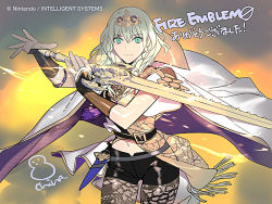 Rule 34 | 1girl, armor, byleth (female) (fire emblem), byleth (fire emblem), cape, company name, copyright name, fingerless gloves, fire emblem, fire emblem: three houses, fire emblem cipher, gloves, green hair, hair ornament, looking at viewer, medium hair, nintendo, official art, pantyhose, short sleeves, shorts, smile, solo, tiara, weapon