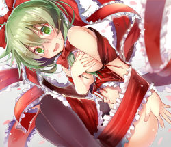Rule 34 | 1girl, @ @, black thighhighs, blush, bow, breasts, commentary request, covering privates, covering breasts, efe, entangled, fang, front ponytail, green eyes, green hair, hair bow, kagiyama hina, long hair, matching hair/eyes, naked ribbon, navel, open mouth, petals, ribbon, sitting, solo, tears, thighhighs, touhou, underboob, wavy mouth