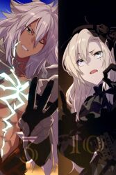 Rule 34 | 1boy, 1girl, armor, black headwear, breasts, dress, echo (circa), fate/grand order, fate (series), funeral dress, green eyes, grey eyes, grey hair, husband and wife, kriemhild (fate), long hair, medium breasts, open mouth, pointing, shoulder armor, siegfried (fate), white hair