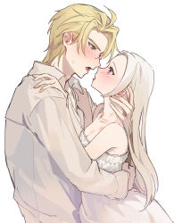 Rule 34 | 1boy, 1girl, bare arms, blonde hair, breasts, cleavage, collarbone, collared shirt, couple, dimitri alexandre blaiddyd, dress, edelgard von hresvelg, eye contact, fire emblem, fire emblem: three houses, from side, green eyes, hand on another&#039;s shoulder, hetero, highres, hug, ikaikakka, imminent kiss, long hair, long sleeves, looking at another, nintendo, open mouth, purple eyes, shirt, short hair, simple background, sleeveless, sleeveless dress, small breasts, straight hair, sundress, tongue, tongue out, white background, white dress, white hair, white shirt, wing collar