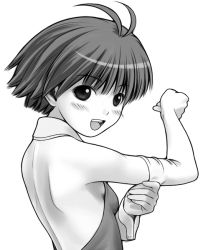 Rule 34 | 00s, 1girl, adjusting clothes, antenna hair, back, bare back, blush, blush stickers, breasts, elbow gloves, gloves, greyscale, halterneck, idolmaster, idolmaster (classic), kikuchi makoto, looking at viewer, looking back, monochrome, nekopuchi, open mouth, short hair, simple background, small breasts, smile, solo, upper body, white background