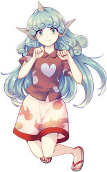 Rule 34 | 1girl, animal ears, buttons, dancing, full body, green eyes, green hair, highres, horns, komano aunn, light smile, long hair, looking at viewer, paw pose, red shirt, sandals, shirt, short sleeves, shorts, simple background, single horn, solo, touhou, uranaishi (miraura), white background
