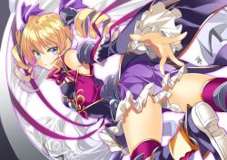 Rule 34 | &gt;:), 1girl, bare shoulders, blonde hair, blue eyes, commentary request, detached sleeves, dress, drill hair, gintarou (kurousagi108), grin, hair ornament, hair ribbon, koihime musou, long sleeves, looking at viewer, purple dress, purple ribbon, ribbon, shin koihime musou, smile, solo, sousou (koihime musou), tsurime, v-shaped eyebrows