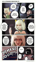Rule 34 | 1girl, 1other, ambiguous gender, animal ear fluff, animal ears, arknights, bare shoulders, black coat, black jacket, blood, blood from mouth, cat ears, coat, comic, commentary, cum, cum in container, doctor (arknights), dress, english commentary, english text, green dress, green eyes, grey hair, helm, helmet, highres, holding, holding test tube, hood, hood up, hooded coat, hooded jacket, jacket, kal&#039;tsit (arknights), kinohara kossuta, mon3tr (arknights), nervous sweating, off shoulder, short hair, speech bubble, sweat, sweatdrop, tears, test tube