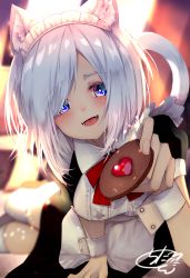 Rule 34 | 1girl, animal ear fluff, animal ears, arm support, backlighting, blurry, blurry background, blush, breasts, cat ears, cat tail, chita (ketchup), cookie, dot nose, fangs, feet out of frame, food, frills, grey hair, heart, highres, looking at viewer, maid headdress, medium hair, multicolored eyes, open mouth, original, short sleeves, solo, tail, thighhighs, white thighhighs, wing collar, wrist cuffs