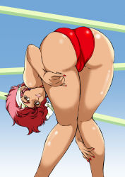 Rule 34 | 1980s (style), 1girl, ass, bare legs, bikini, bikini bottom only, brown eyes, cameltoe, closed mouth, dirty pair, earrings, female focus, from behind, gradient background, groin, headband, highres, jewelry, kei (dirty pair), knees together feet apart, kugayama hodai, leaning forward, legs, looking back, medium hair, nail polish, oldschool, red bikini, red hair, red nails, retro artstyle, simple background, solo, standing, swimsuit, thighs