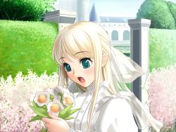 Rule 34 | 1girl, aqua eyes, blonde hair, blush, elbow gloves, flower, game cg, gloves, hime to boin, open mouth, outdoors, princess juliette, sano toshihide, solo, tiara