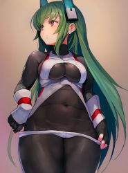 Rule 34 | 1girl, arm warmers, black bodysuit, black gloves, blush, bodysuit, bodysuit under clothes, breasts, closed mouth, clothes pull, commentary request, cowboy shot, fingerless gloves, gloves, gradient background, green hair, headgear, highres, long hair, looking away, looking to the side, medium breasts, menou kaname (taishi), orange background, original, pulled by self, purple eyes, shorts, shorts pull, sidelocks, solo, straight hair, taishi (picchiridou), very long hair, white shorts
