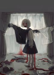Rule 34 | 1girl, blood, blue skirt, curtains, from side, grey hair, highres, holding, indoors, long sleeves, looking at viewer, no shoes, organs, original, pale skin, pantyhose, pleated skirt, puffy sleeves, red eyes, sailor collar, sharp teeth, shirt, shirt tucked in, shisoda zombie, skirt, smile, solo, squinting, standing, teeth, torn clothes, torn shirt, white pantyhose, white shirt