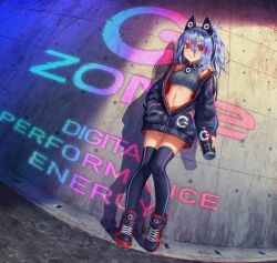 Rule 34 | 1girl, absurdres, against wall, animal ears, bare shoulders, black jacket, black thighhighs, blue hair, breasts, can, cat ears, chromatic aberration, closed mouth, commentary request, crop top, dive to zone, dutch angle, energy drink, fake animal ears, fisheye, full body, hair between eyes, hand in pocket, highres, holding, holding can, huge filesize, jacket, long sleeves, looking at viewer, medium hair, midriff, navel, partially unzipped, power symbol, red eyes, shoes, skindentation, sleeves past wrists, smile, sneakers, solo, standing, thighhighs, wasabichan, wing collar