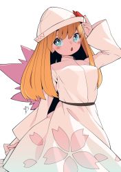 Rule 34 | 1girl, aqua eyes, blonde hair, breasts, eyebrows hidden by hair, fairy wings, hat, huxiao (mistlakefront), lily white, long hair, long skirt, medium breasts, open mouth, signature, skirt, solo, touhou, white hat, white skirt, wings