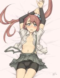 Rule 34 | 1girl, asagumo (kancolle), bike shorts, brown hair, collared shirt, commentary request, cowboy shot, dress shirt, flat chest, grey eyes, grey skirt, hair ribbon, highres, kantai collection, long hair, lying, navel, open clothes, open shirt, pleated skirt, ribbon, shirt, shorts, shorts under skirt, skirt, solo, suspender skirt, suspenders, suzuya kirie, twintails, white shirt
