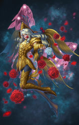 Rule 34 | 1boy, arm up, armor, blue eyes, drill hair, eclosion, fingerless gloves, fish, flower, flower in mouth, full body, gloves, gold armor, high heels, long hair, male focus, midair, petals, pisces (constellation), pisces aphrodite, rose, saint seiya, sky, solo, space, star (sky), starry sky, stiletto heels, white flower, white hair, white rose, wings
