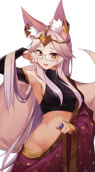 Rule 34 | 1girl, absurdres, animal ear fluff, animal ears, bare shoulders, blush, breasts, circlet, crop top, fate/grand order, fate (series), fox ears, fox girl, fox tail, groin, highres, indian clothes, jewelry, koyanskaya (fate), koyanskaya (indian lostbelt outfit) (fate), large breasts, long hair, looking at viewer, ninsaki (9saki), no panties, open mouth, parted bangs, pink hair, ring, robe, simple background, smile, solo, tail, tamamo (fate), white background, yellow eyes