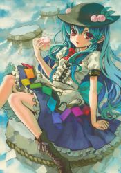 Rule 34 | 1girl, ama-tou, blue hair, bow, cross-laced footwear, female focus, food, fruit, hat, highres, hinanawi tenshi, keystone, leaf, long hair, open mouth, peach, puffy sleeves, red eyes, rope, scan, short sleeves, sitting, solo, touhou