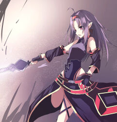 Rule 34 | 1girl, absurdres, armor, armpits, bare shoulders, belt, chest armor, commentary request, fairy (sao), fingerless gloves, gloves, green night, headband, highres, holding, holding sword, holding weapon, leotard, long hair, obsidian slasher, open mouth, pointy ears, purple armor, purple hair, red belt, red eyes, red headband, solo, sword, sword art online, weapon, yuuki (sao)
