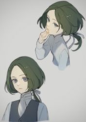 Rule 34 | 0 ebj, 1boy, aged down, ascot, child, fire emblem, fire emblem: three houses, green hair, grey background, grey eyes, grey vest, hair ribbon, hand to own mouth, highres, linhardt von hevring, long sleeves, looking at viewer, looking up, low ponytail, male focus, multiple views, nintendo, parted bangs, ribbon, shirt, short hair with long locks, upper body, vest, white ascot, white shirt