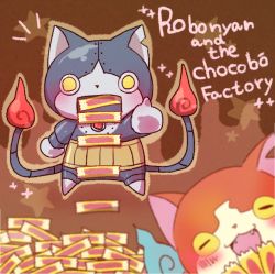 Rule 34 | 10s, blurry, blush, brown background, candy, candy bar, cat, chocoboo, depth of field, english text, closed eyes, fangs, flame-tipped tail, food, jibanyan, multiple tails, no humans, non-humanoid robot, notched ear, open mouth, rivets, robonyan, robot, robot animal, star (symbol), tail, two tails, umi (srtm07), traditional youkai, youkai watch