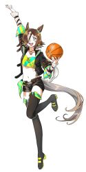 Rule 34 | 1girl, absurdres, animal ears, arm up, ball, basketball (object), belt, black footwear, black jacket, black shorts, blush, boots, brown hair, crop top, full body, hair over one eye, highres, holding, holding ball, horse ears, horse girl, horse tail, jacket, jewelry, midriff, navel, open clothes, open jacket, open mouth, pendant, sarachi (sara dayluv), shirt, short shorts, shorts, smile, solo, standing, standing on one leg, stopwatch, tail, thigh boots, tiptoes, umamusume, umamusume: party dash, vodka (umamusume), watch, white background, yellow eyes, yellow shirt