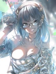 Rule 34 | 1girl, bare shoulders, black-framed eyewear, blurry, blurry background, breasts, cleavage, commentary request, dappled sunlight, earclip, glasses, gloves, granblue fantasy, grey eyes, grin, hair ornament, hairband, hairclip, hand up, head tilt, highres, holding, illnott, jewelry, kamizuki shiki, large breasts, looking at viewer, medium hair, necklace, o-ring, off shoulder, paint gun, paint splatter, short sleeves, silver hair, sleeves pushed up, smile, solo, sunlight, upper body