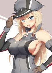 Rule 34 | 10s, 1girl, :d, anchor choker, armpits, bare shoulders, bismarck (kancolle), blonde hair, blue eyes, blush, breasts, brown gloves, covered erect nipples, detached sleeves, eyelashes, gloves, hair between eyes, hand on own hip, hat, hat tip, kantai collection, long hair, looking at viewer, maku ro, military, military hat, military uniform, open mouth, peaked cap, shiny skin, sideboob, smile, solo, uniform, upper body, white background