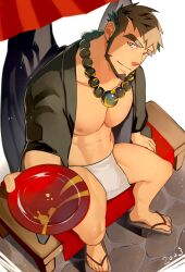 Rule 34 | 1boy, abs, bara, bare pectorals, bead necklace, beads, beard, bench, cup, facial hair, foreshortening, full body, head tilt, hidora art, highres, holding, holding cup, incoming drink, japanese clothes, jewelry, kimono, large pectorals, loincloth, male focus, monk, muscular, muscular male, necklace, new year, nipples, no pants, open clothes, open kimono, original, pectorals, sakazuki, sandals, short hair, sitting, smile, solo, stomach, sunlight, thick eyebrows, thick thighs, thighs