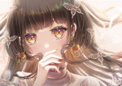 Rule 34 | 1girl, absurdres, black hair, blunt bangs, blush, brown hair, bug, butterfly, butterfly hair ornament, close-up, commentary request, covered mouth, covering own mouth, earrings, eye focus, eyelashes, floating hair, food, frills, fruit, hair ornament, hand over own mouth, head tilt, highres, insect, jewelry, long hair, looking at viewer, makeup, mascara, nail polish, orange eyes, orange nails, orange theme, original, persimmon, portrait, rainbow order, solo, white background, yuubarish