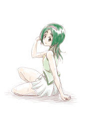 Rule 34 | 1girl, adapted costume, akimoto komachi, closed mouth, cosplay, cure mint, cure mint (cosplay), full body, green eyes, green hair, green shirt, hairband, hand in own hair, long hair, miniskirt, nita (onakatohoppe), pink hairband, pleated skirt, precure, shirt, simple background, sitting, sketch, skirt, sleeveless, sleeveless shirt, smile, solo, sweatdrop, white background, white skirt, yes! precure 5