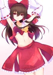 Rule 34 | 1girl, armpits, arms up, ascot, bandages, bare shoulders, bow, brown hair, collar, collared shirt, detached sleeves, gradient background, hair between eyes, hair ornament, hair tubes, hakurei reimu, hands up, highres, long hair, long sleeves, looking to the side, navel, open mouth, pink background, red bow, red eyes, red shirt, red skirt, shirt, skirt, solo, standing, stomach, tomoe (fdhs5855), touhou, white background, white sleeves, wide sleeves, yellow ascot