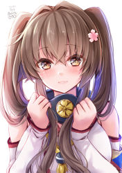 Rule 34 | 1girl, absurdres, alternate hairstyle, breasts, brown eyes, brown hair, cherry blossoms, detached sleeves, flower, hair flower, hair ornament, highres, holding, holding own hair, kantai collection, kikumon, large breasts, long hair, long sleeves, mashiro yukiya, solo, twintails, upper body, white sleeves, yamato (kancolle), z flag