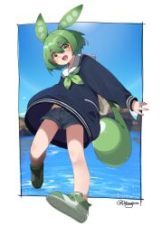 Rule 34 | 1girl, black shirt, blue shorts, blue sky, blush, border, commentary request, datemegane, day, denim, denim shorts, fang, green hair, green neckerchief, highres, long hair, long sleeves, looking at viewer, low ponytail, midriff peek, neckerchief, ocean, open mouth, outdoors, outside border, pea pod, rock, sailor collar, shirt, shoes, short shorts, shorts, skin fang, sky, smile, sneakers, solo, sunlight, twitter username, very long hair, voicevox, white border, white sailor collar, wind, wind lift, yellow eyes, zundamon